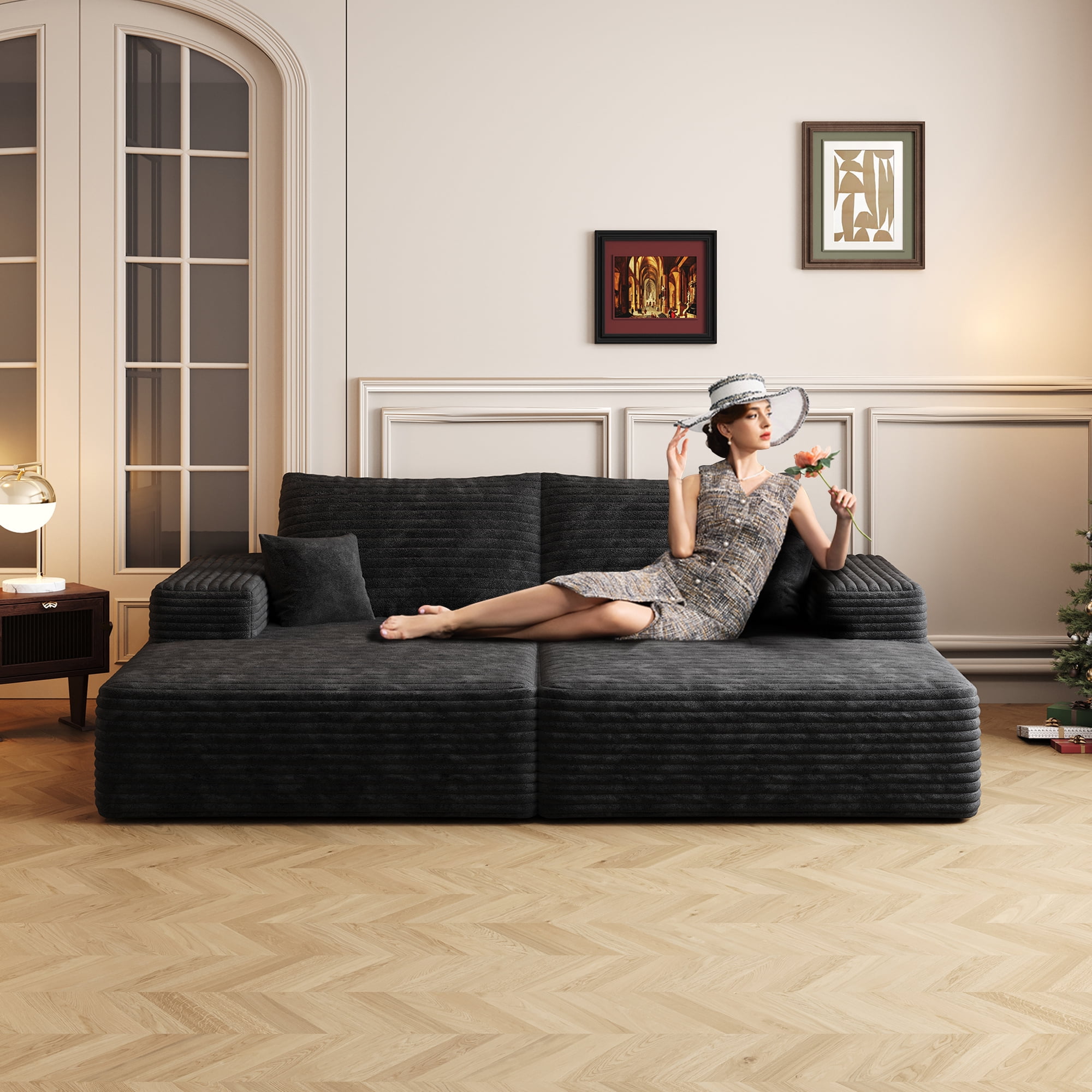 MAYEERTY 74.8" Modern Dual Sleeper Sofa Bed, Movie/Bonus Room Lounger, No Assembly Plush Corduroy Fabric, Black (2 packages)