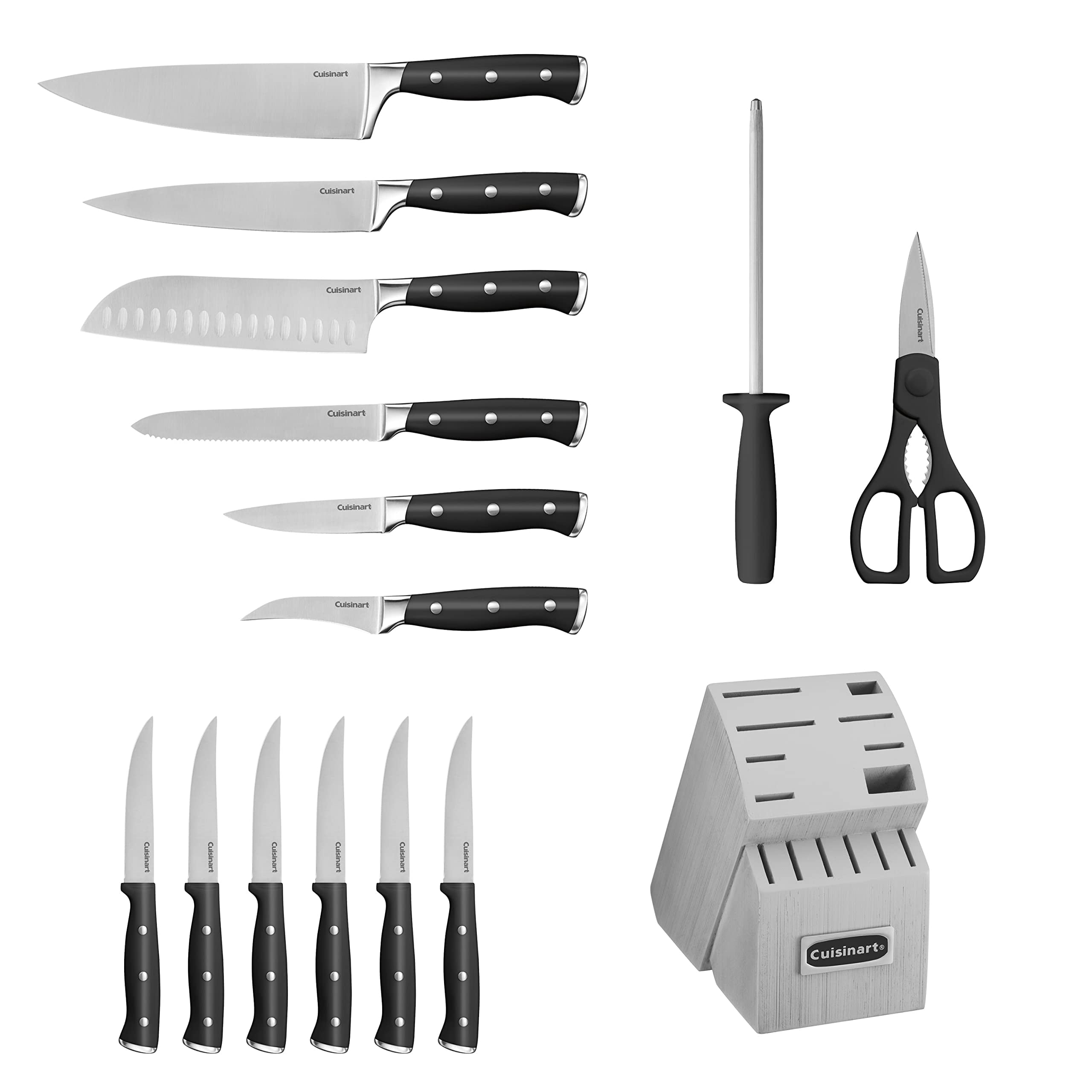 Cuisinart 15-Piece Knife Set with Block, High Carbon Stainless Steel, Forged Triple Rivet, Black/Gray C77BTR-15PG