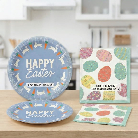 Easter Disposable Paper Plates and Napkins Set, Happy Easter Bunnies Carrots Eggs, 2-Ply, 6.75 Inch Round, 16 Plates and 16 Napkins