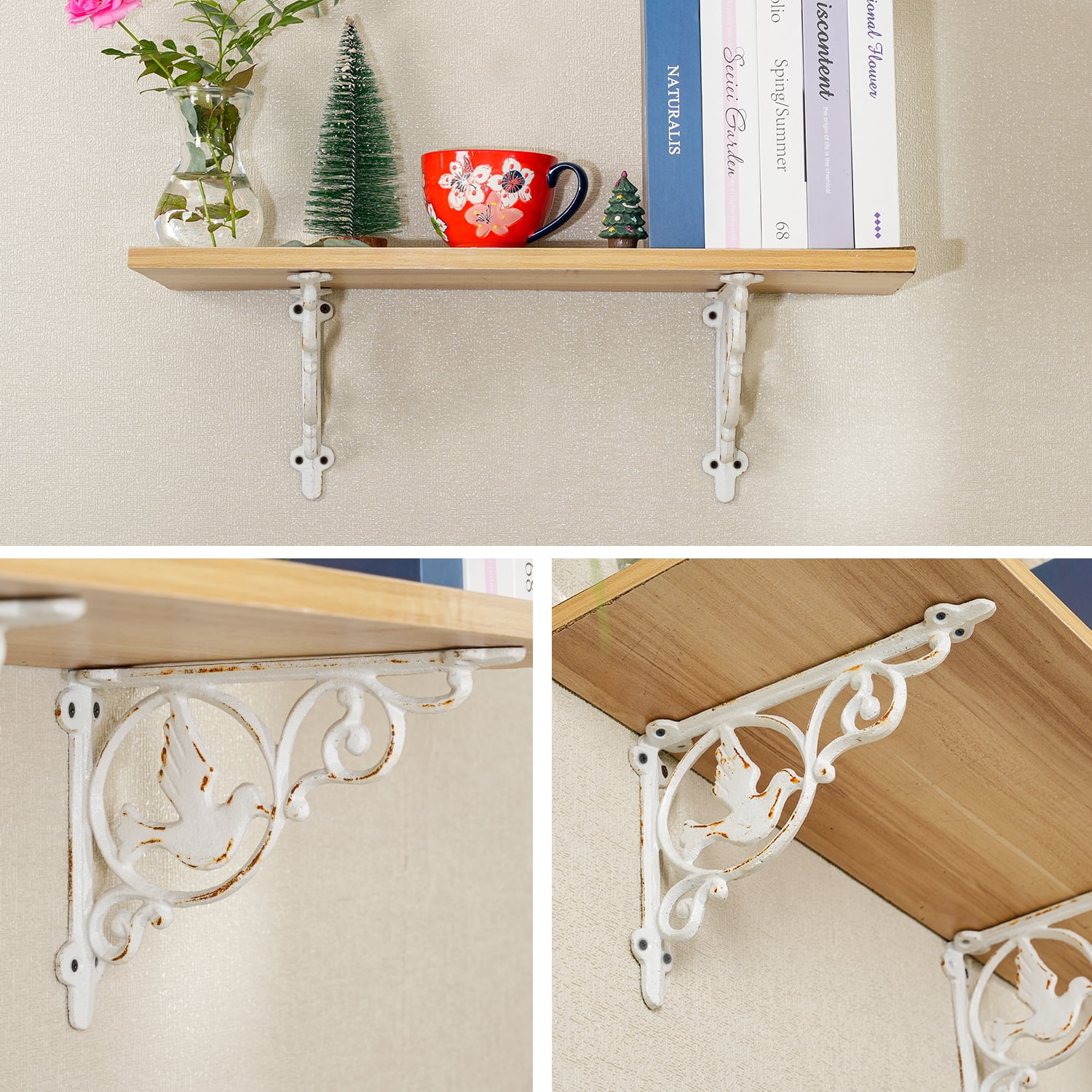 Sungmor 9.2 Inch Cast Iron Rustic White Brackets for Shelves, 2PC Vintage Decorative Angle Support Doorway Bracket, Shelves Corbels, Wall Mounted Floating Shelf Bracket