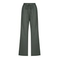 thumbnail image 3 of FAKKDUK Linen Pants Women Summer 2023 Casual Loose Drawstring Elastic High Waist Comfy Trousers Straight Leg Long Pant with Pocket, M&Army Green, 3 of 6