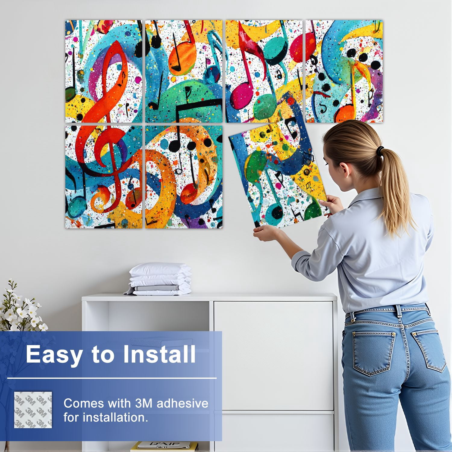 8 Pack Art Acoustic Panels Sound Absorbing Rainbow Colorful Musical Notes Watercolor Treble Clef Symbol Musical Decorative Soundproof Wall Panels Self Adhesive for Nursery Game Room Bedroom 48"x32"