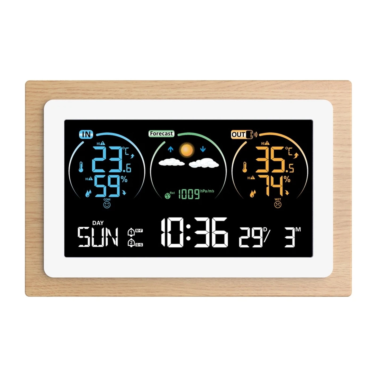 Digital VA Color Wood Weather Station Home Temperature Humidity Air Pressure Monitor Wall Alarm Clocks Wireless Forecast Sensor