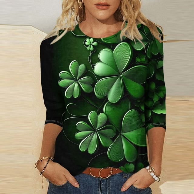 T-Shirt à Col Rond Imprimé de la Saint-Patrick pour Femmes, Manches Trois Quarts 3/4, Coupe Ample