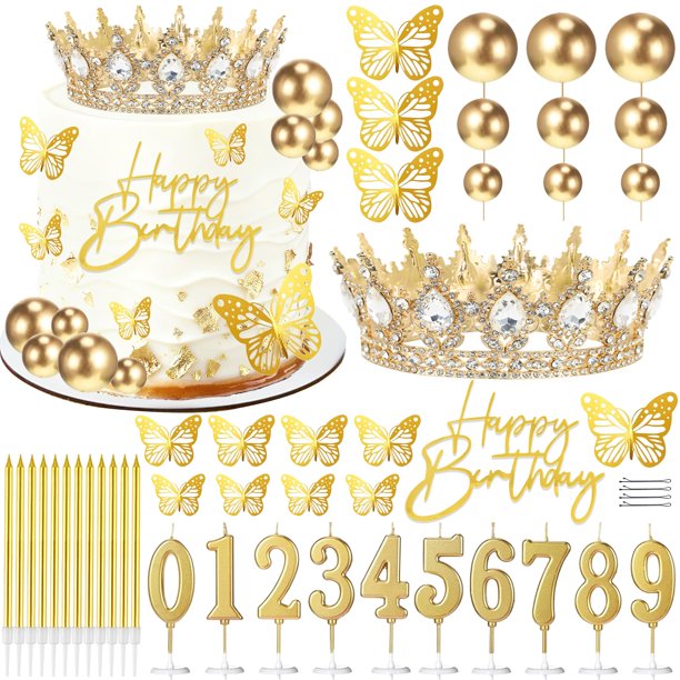 Topper para pastel SUTROMA Corona Feliz Cumpleaños Princesa Dorado y Blanco