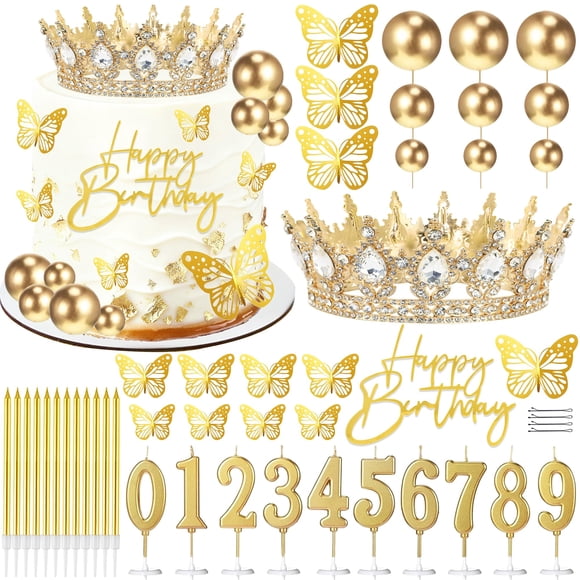 Topper para pastel SUTROMA Corona Feliz Cumpleaños Princesa Dorado y Blanco