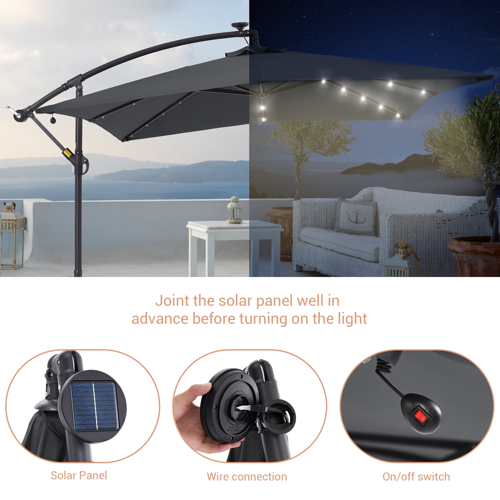 ACEGOSES 8.2x8.2ft LED Square Outdoor Patio Canopy Offset Umbrellas for Villa Gardens, Lawns and Yard,Anthracite