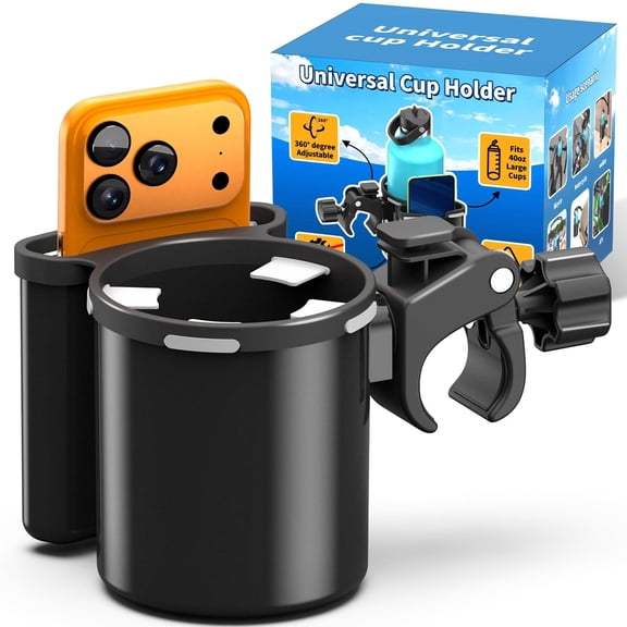 Seaperk Universal Clamp-on 2-in-1 Cup Holder & Phone Holder for Stroller, Walker, Wheelchair, Fits 12oz-40oz Drinks, Multifunctional Storage Organizer, Pack of 2