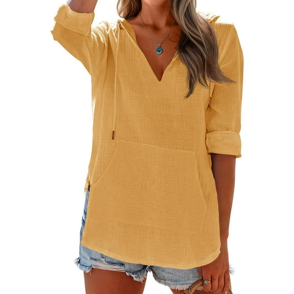 Solid Color Women's Long Sleeved V-neck Blouse Hooded Loose Tops