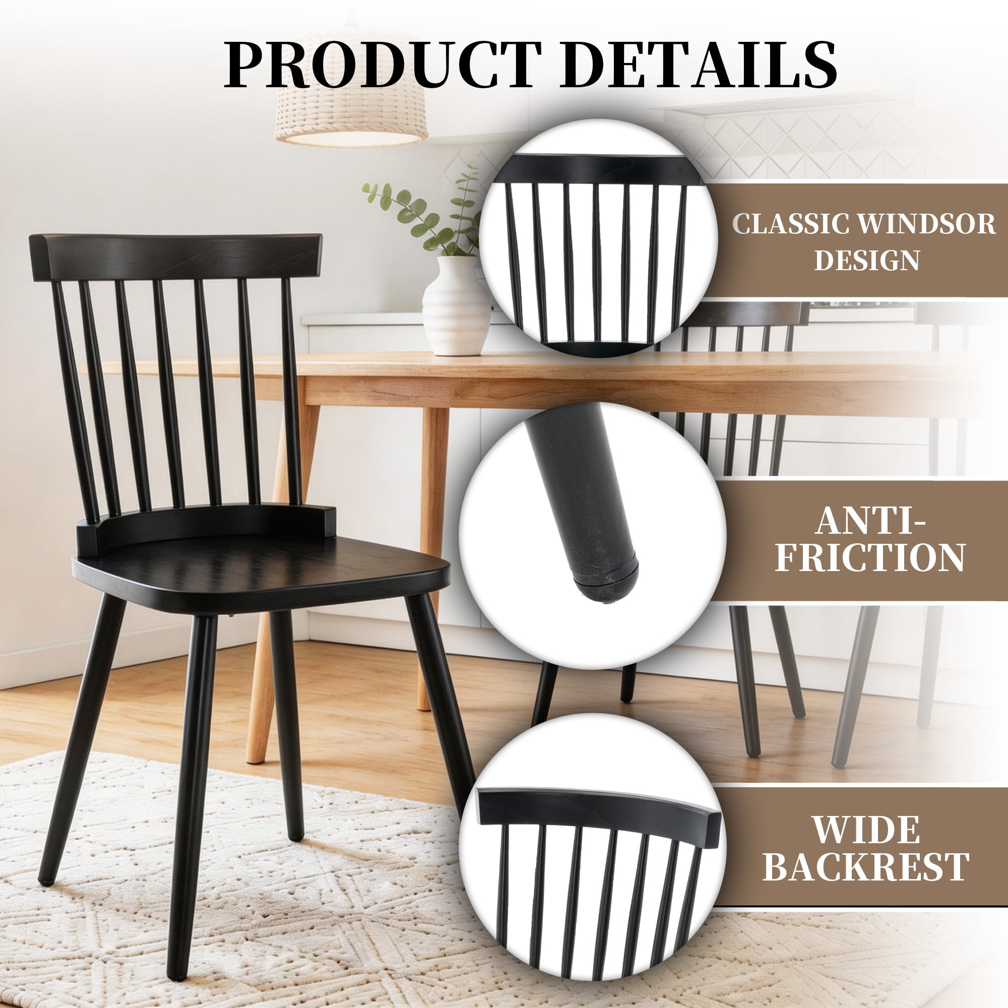 ClinQ Wooden Windsor Dining Chair Set of 4，Modern Classic Armless Kitchen Side Chairs with Sturdy Iron Legs for Dining Room, Black