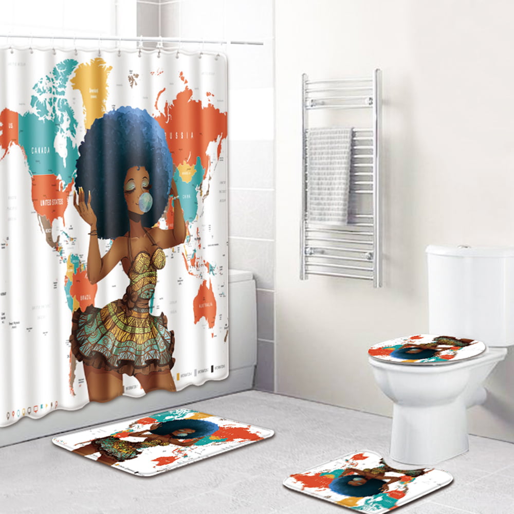 4PCS/Set 1.8M Bathroom Shower Curtain Non Slip Bath Toilet Lid Cover Rugs 