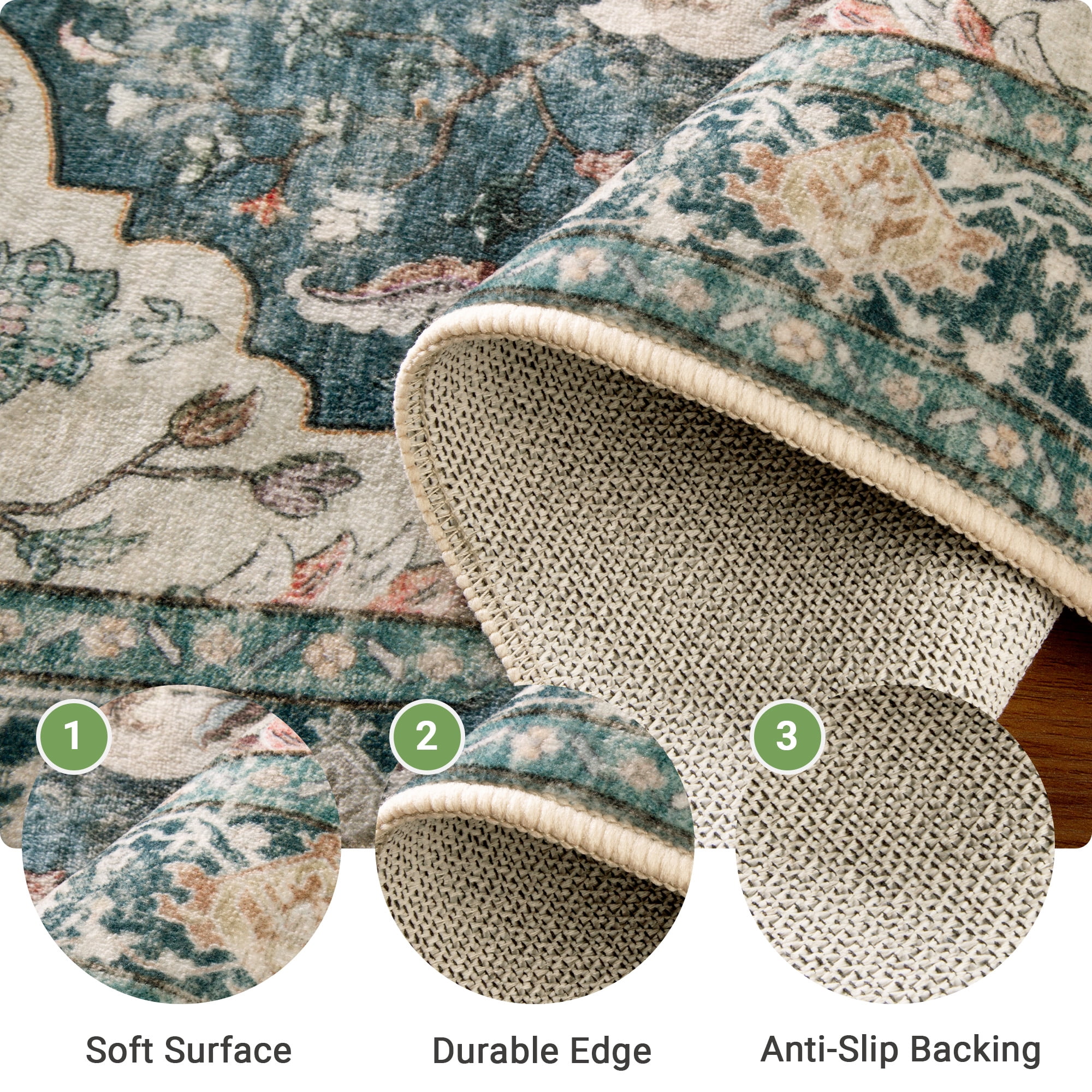 NewBuros 6'x9' Washable Area Rug for Living Room, Non Slip Vintage Distress Print Pattern Floral Rug, Soft Low Pile Indoor Carpet for Bedroom Dining Room, Dark Blue