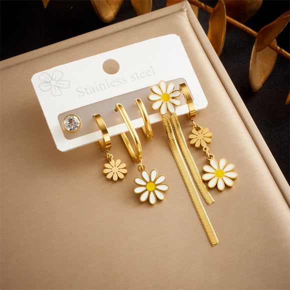 SPEKSEE 6 Pc Hypoallergenic 14K Gold Plated Earrings for Women Daisy Hoop Stackable Cubic Zirconia Chain Dangle Earring Set Stacks for Multiple Piercings