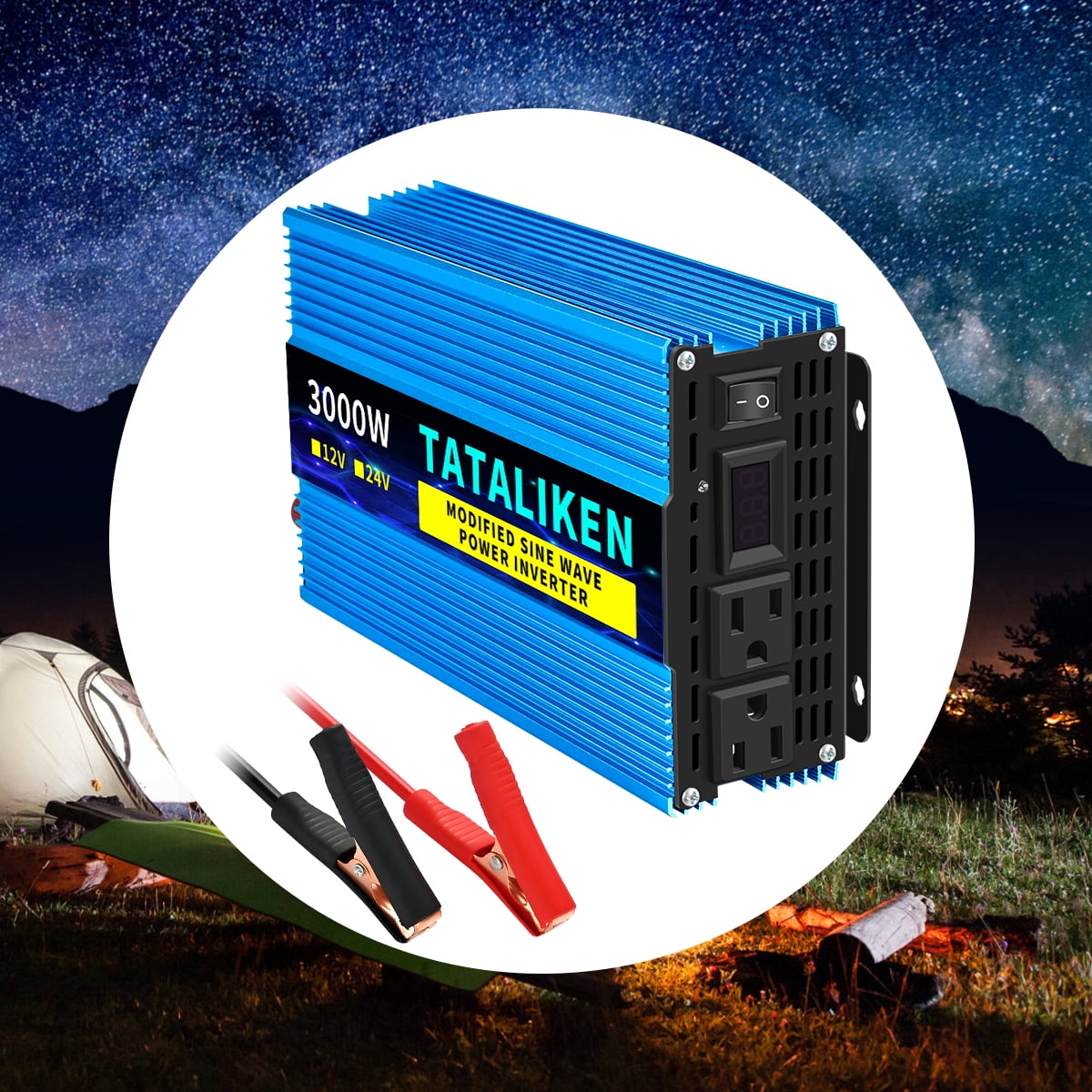 TATALIKEN 3000W（Rating power 1200 W）Power Inverter DC 12V to AC 110V/120V Car Inverter with Battery Clamp Cable 2 AC Outlets for Power Tools Home Vehicles RV Truck, LCD Display Blue