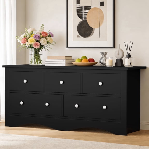 Homall 5 Drawer Double Dresser, Modern Wood Chest of Drawer for Living Room Bedroom,Black