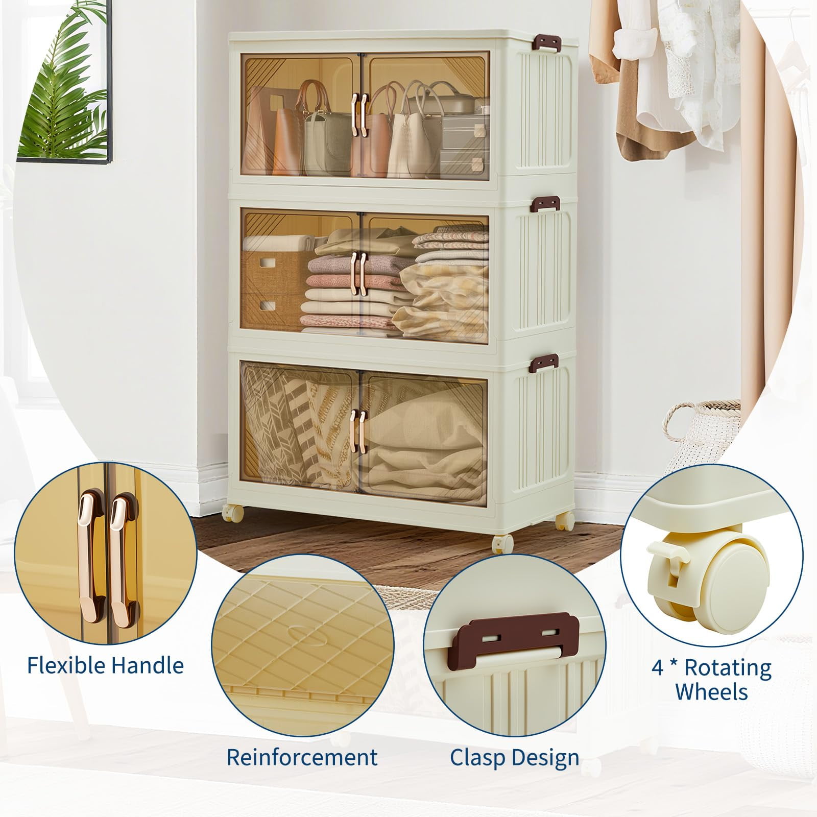 Stackable Storage Bins, 243QT Plastic Bins for Storage with Lids, Plastic Storages Drawers with Magnetic Doors & Wheels, Foldable Closet Organizers for Home, Dorm, White