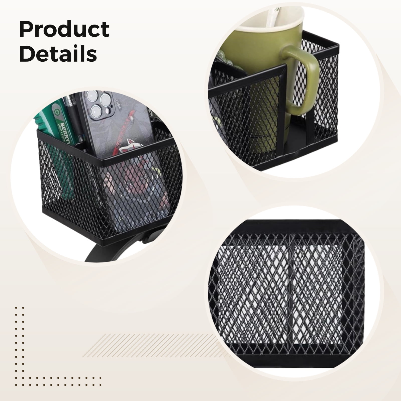 Metal Clip On Cup Holder, Black Metal Desktop Organizer, Desk Accessories Holder Clamp, No-Drill Easy Install for Cups, Bottles, Drinks, Headphones