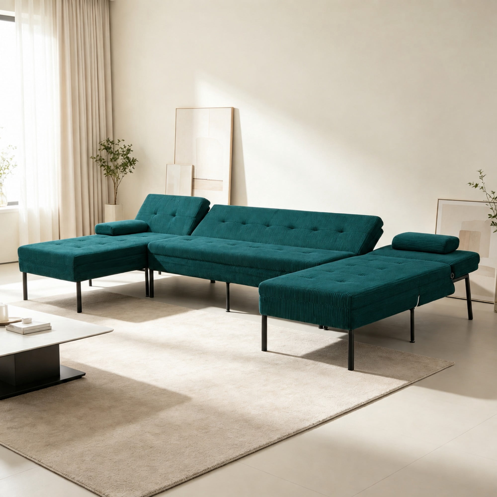BSHTI 117.13" Soft Corduroy U-Shaped Sectional Sofa Bed with 5-Position Backrest, Comfy Couch for Living Room（Green）
