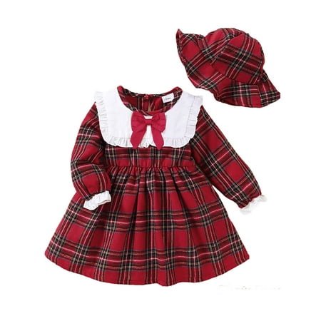 

elfinBE Baby Girl Toddler Ruffle Plaid Long Sleeve Knee Length A-line Dress With Hat 2PCs Outfits Set 3-18M