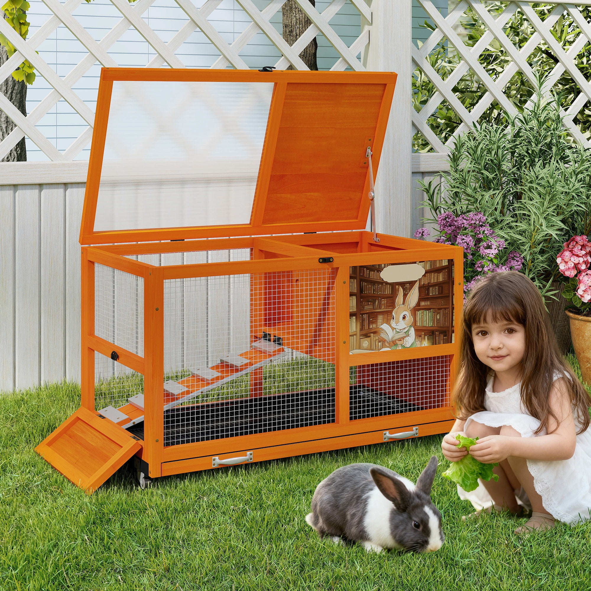 Fashion Wooden 36Inches Rabbit Hutch Outdoor with wheels Bunny Cage Indoor&Pull Out Tray, Openable Roof