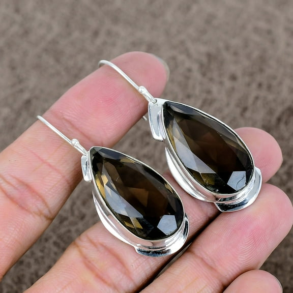 925 Sterrling Silver Smoky Topaz Gemstone Handmade Jewelry Earring 2.25"