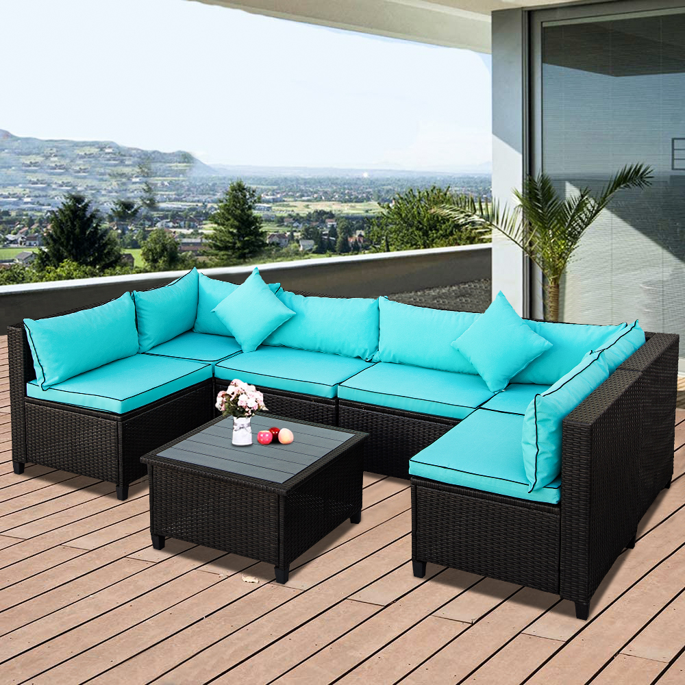Rattan Patio Furniture Set, 7PCS Wicker Conversation Set, Weather Resistant Cushioned Sofa Set, Sectional Sofa Chairs with Glass Tabletop & Cushions, Deck Garden Lawn Pool Furniture Set, K3250 - image 1 of 13