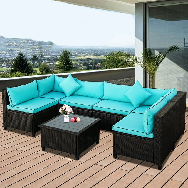 Rattan Patio Furniture Set, 7PCS Wicker Conversation Set, Weather Resistant Cushioned Sofa Set, Sectional Sofa Chairs with Glass Tabletop & Cushions, Deck Garden Lawn Pool Furniture Set, K3250