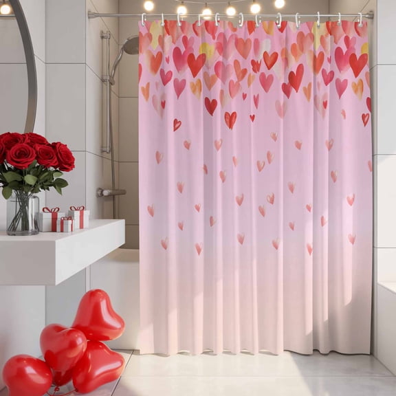 Valentine's Day Shower Curtain, 72" x 72", Modern Watercolor Red Pink Yellow Loves Sweet Heart Pink Waterproof Bathroom Curtain Washable Shower Curtain Set with 12 Hooks