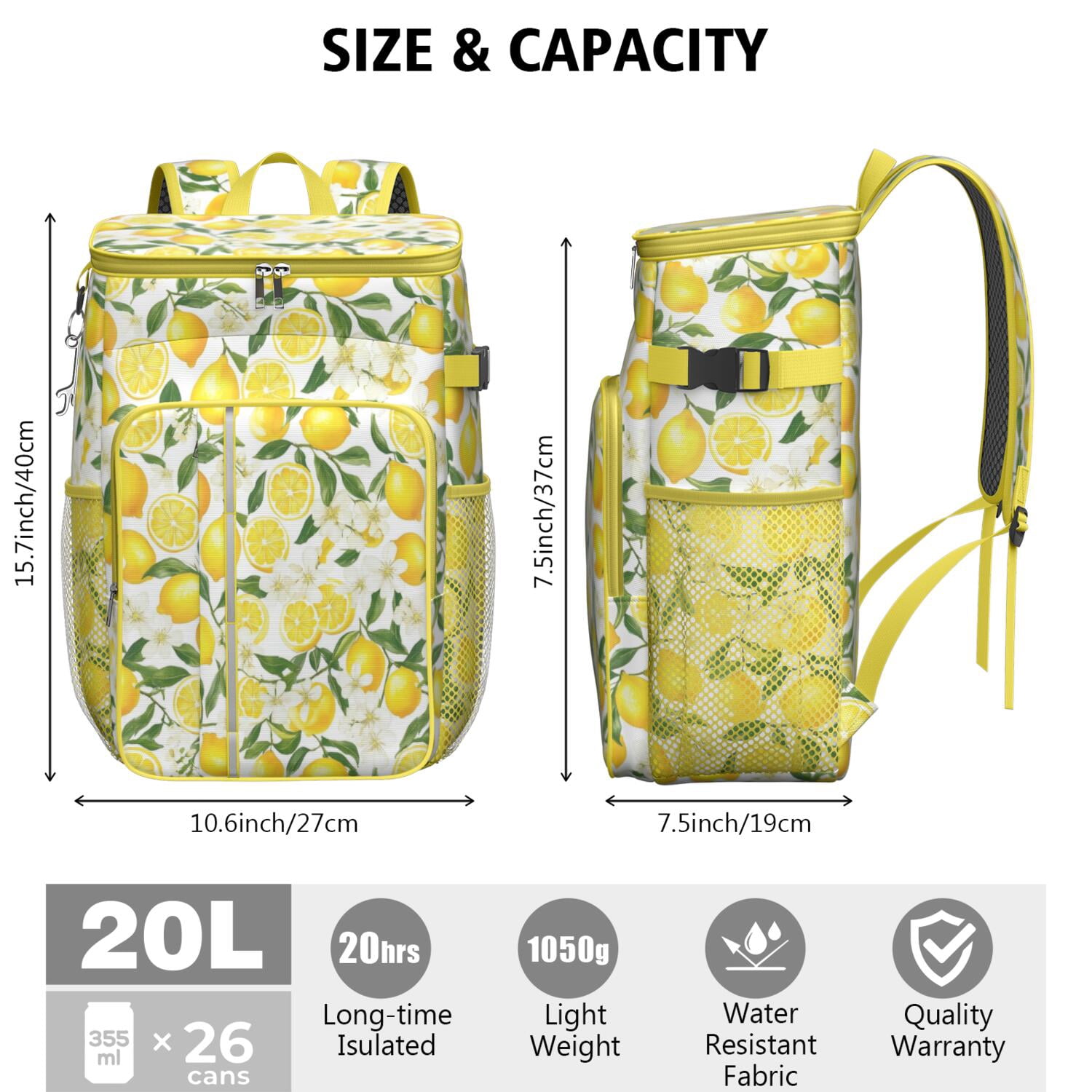 Travel Cooler Bag - Lemon Camping Beer Cooler Backpack with Bottle Opener- Waterproof Insulated Picnic Backpacks - Cooler Bag for Beach