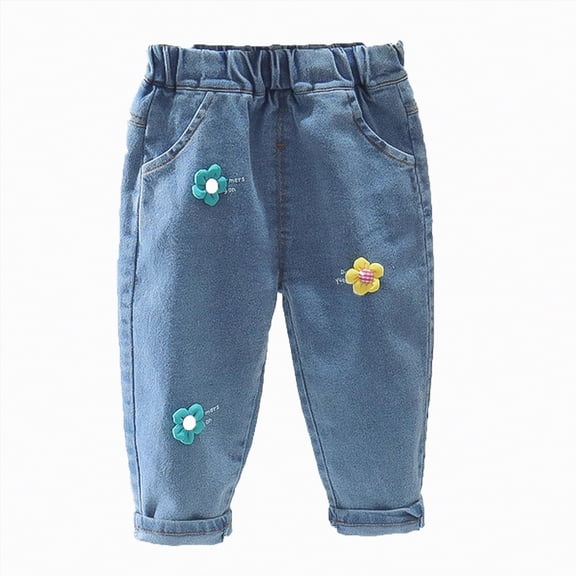 Hessimy Girls Baggy Jeans,Ripped Heart Patch Denim Pants,Casual Loose Fit Wide-Leg Trousers(Blue,6-12 Months)