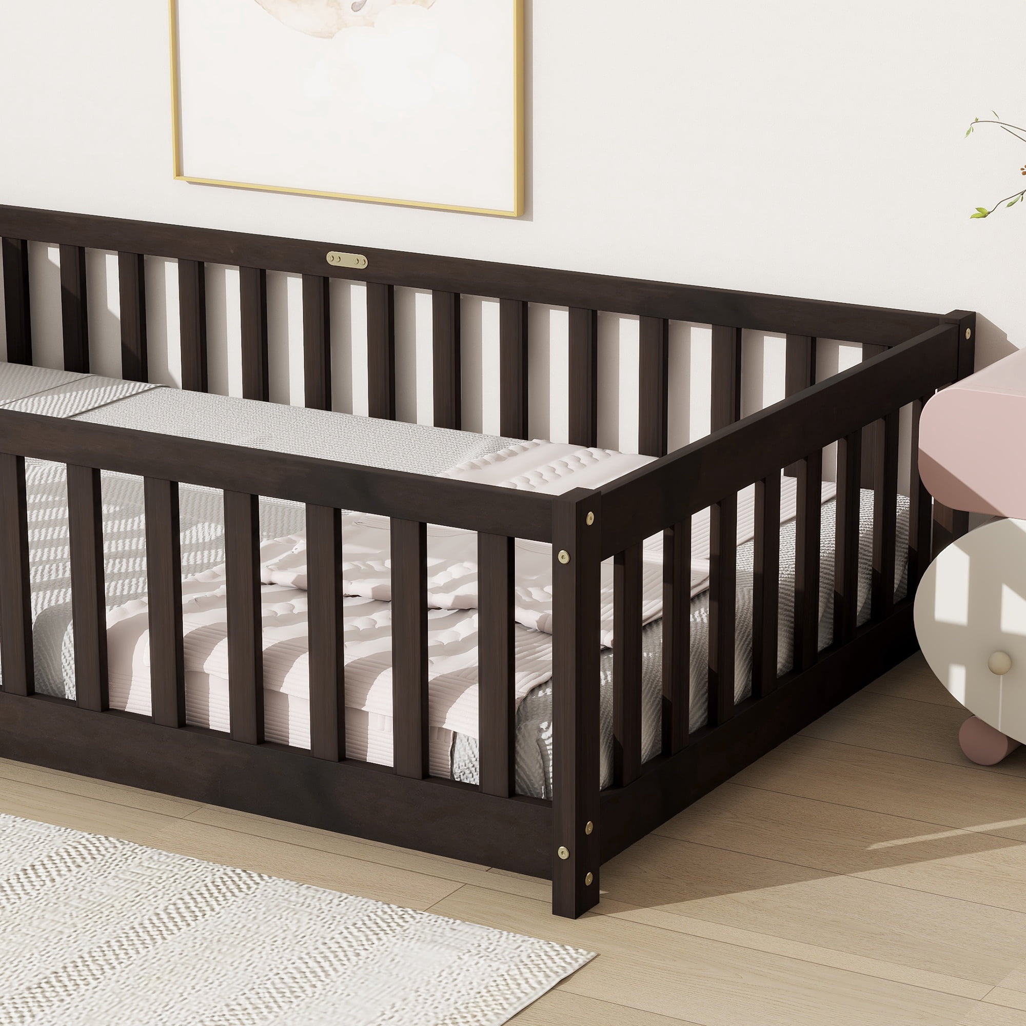 Twin Size Floor Bed with Fence, UHOMEPRO Montessori Floor Bed with Slats and Safety Guardrails, Solid Wood Twin Bed Frame for Bedroom, Espresso