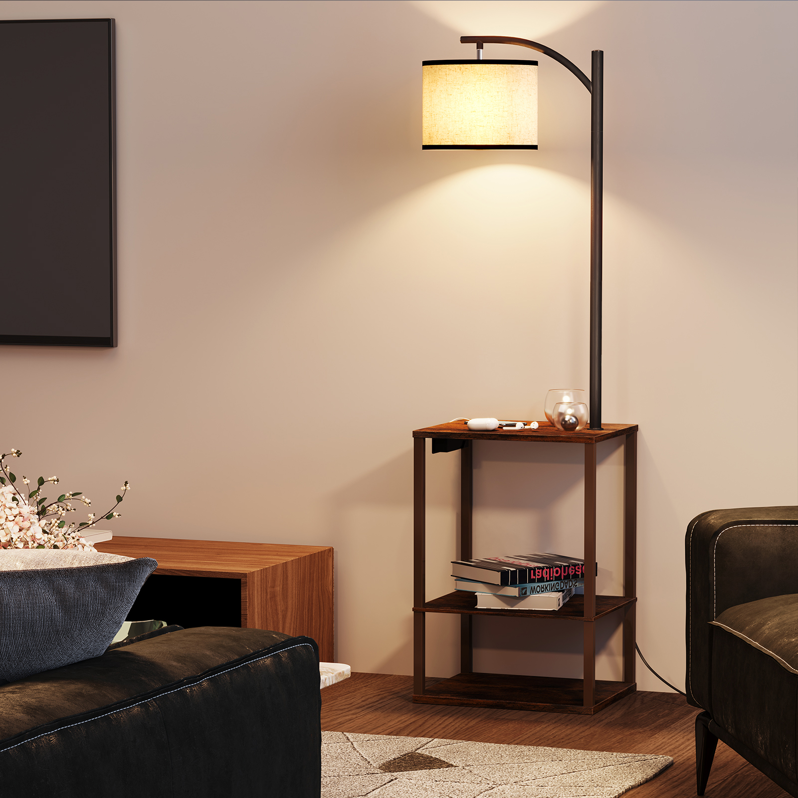 SUNMORY Floor Lamp with Table, Lamps for Living Room with USB Port, Attached End Table with Shelves, Brown - image 4 of 9