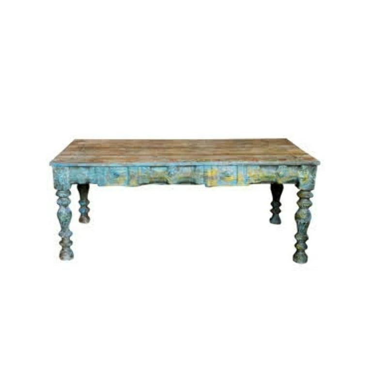 Rustic Blue Hand Painted Coffee Table Accent Chai Table Reclaimed Wood Carved Table