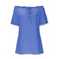 thumbnail image 4 of Summer Saving Wycnly Womens Blouses and Tops Dressy Sexy off Shoulder Lace Trim Plus Size Baggy Comfy Cotton Linen Shirts Summer Solid V-Neck Short Sleeve Cute Tees Tops Blue XXL, 4 of 6