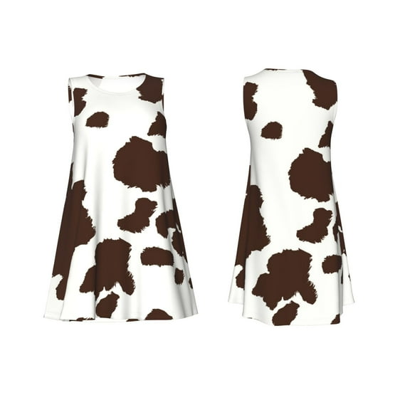 Horeoi Brown Cow Print Women's Sleeveless Dress Cotton-like Flared Hem Deep Side Pockets Above-Knee