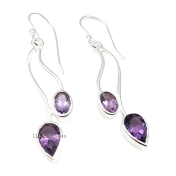 Real 925 Sterling Silver Dangle Teardrop Earrings For Women, Amethyst Natural Multi Gemstone Unique February Birthstone Gifts For Her