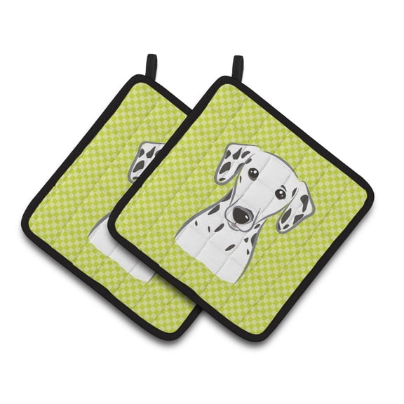Carolines Treasures BB1272PTHD Checkerboard Lime Green Dalmatian Pair of Pot Holders , 7.5HX7.5W, multicolor