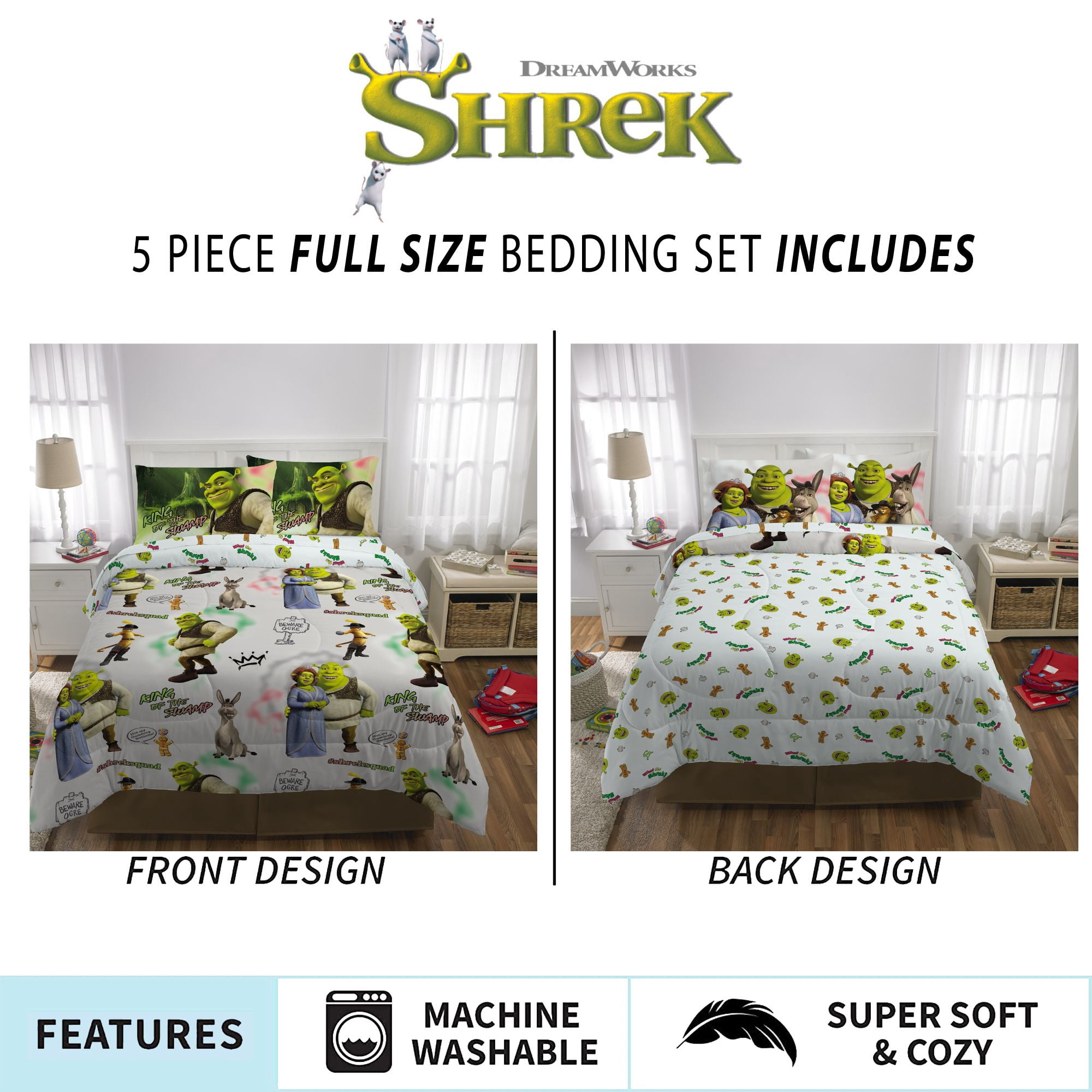 Shrek Kids 5 Piece Gray Reversible Comforter, Bed in a Bag, Full