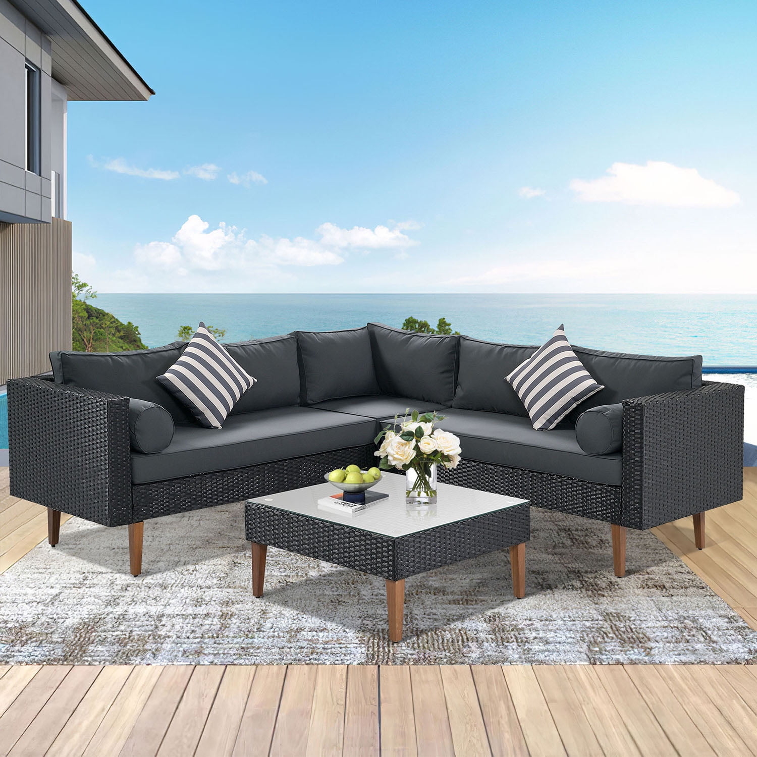 Kepooman 4-pieces Outdoor Wicker Sofa Set, Patio Furniture with Colorful Pillows, Gray cushions and Black Rattan Kepooman 4-pieces Outdoor Wicker Sofa Set, Patio Furniture with Colorful Pillows, Gray cushions and Black Rattan