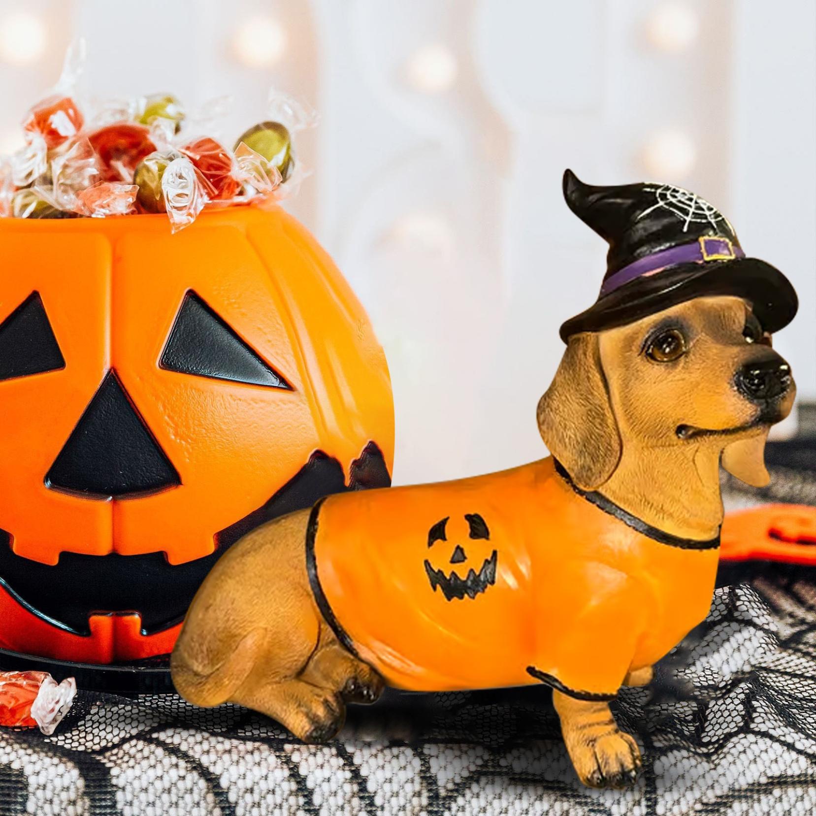 Halloween Dachshundasg Decor Statue with Witch Hat & Pumpkin Sweater Design, Dachshundasg Garden Statues, Yard & Indoor Party, Cute Sitting Dog Sculpture, Halloween Ornaments Decorations(Orange)