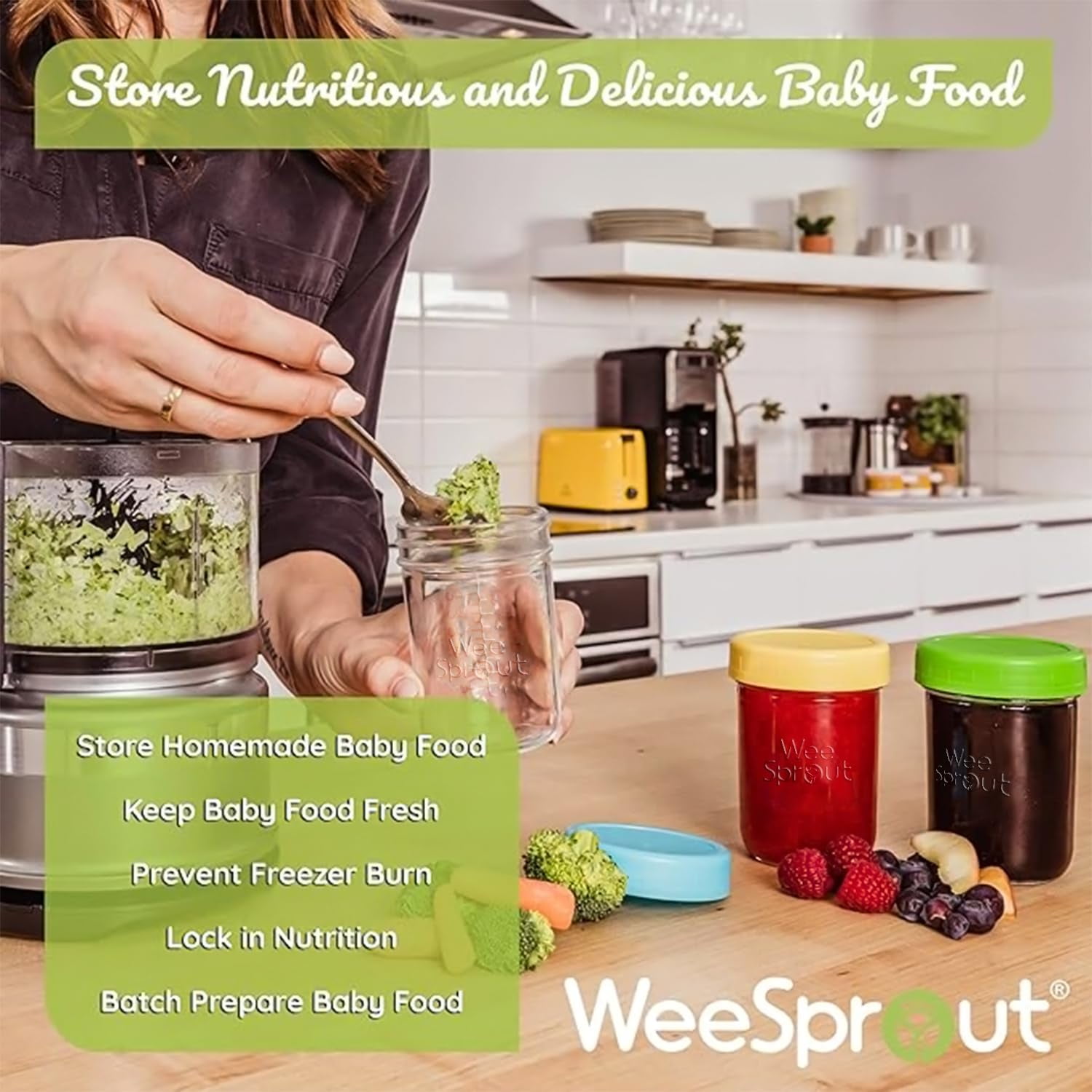 WeeSprout Glass Baby Food Storage Jars w/ Lids (8 oz, 8 Pack Set, Bright Variety)