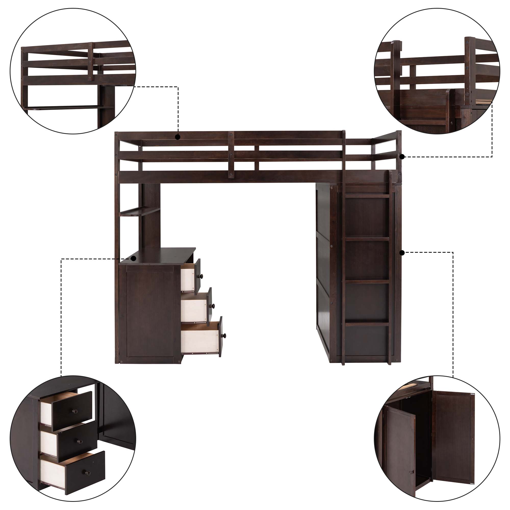 Aukfa Loft Bed with Wardrobe and Drawers Kids Solid Wood Twin Bed with Desk Espresso