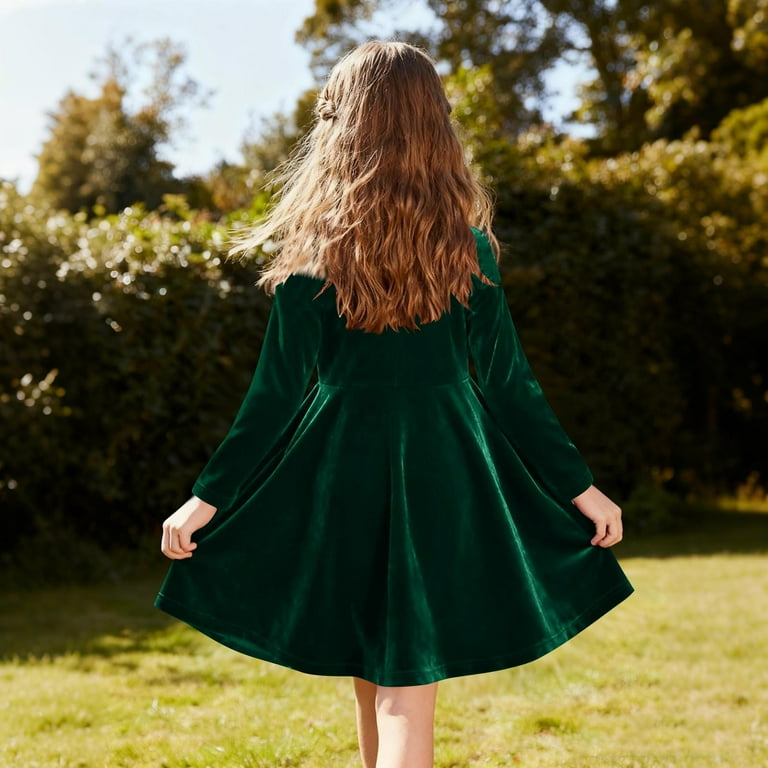 Eltusu Girls Velvet Dress, Soft Casual Long Sleeve Crewneck Party Dress Green Size 5-6 T