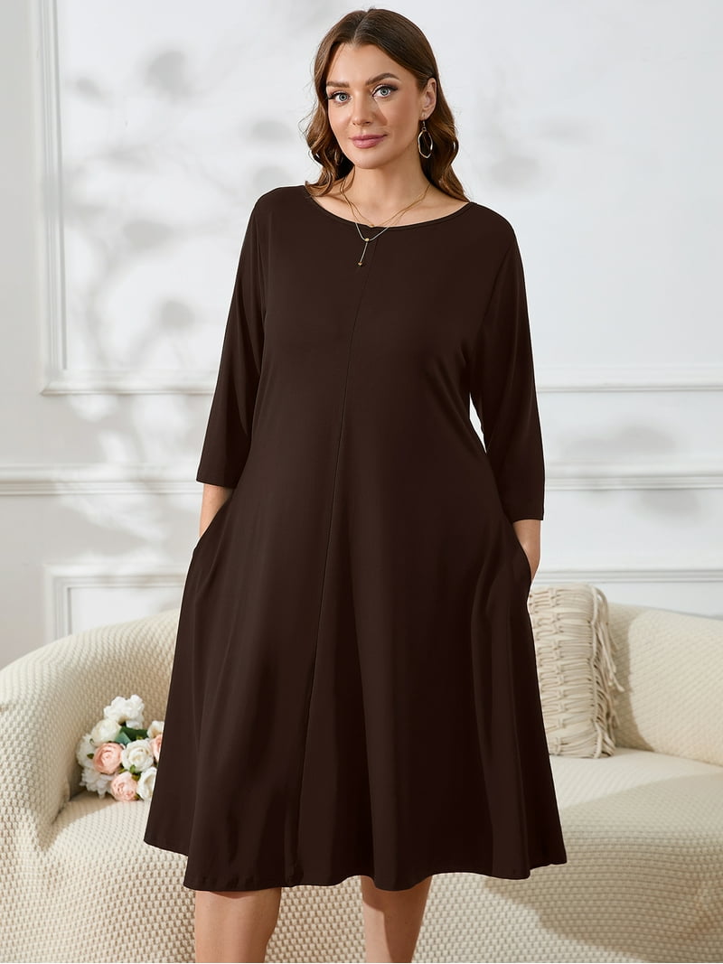 SHOWMALL Womens Plus Wear-to-Work Dresses Dark Brown 3X Casual