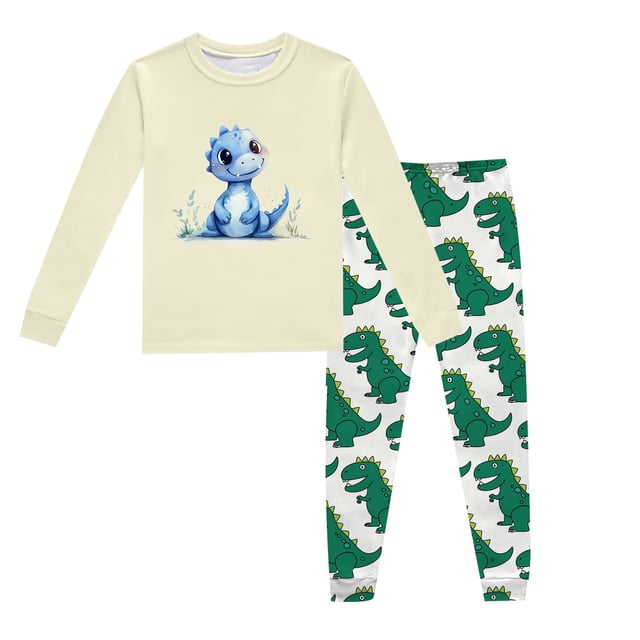 Pyjama Bebe Garcon Ensemble de Pyjama pour Enfants Imprimé Dinosaure Col Rond Manches Longues Pantalon 2 Pcs Printemps Automne Pjs Enfants Beige 3 Ans-4 Ans