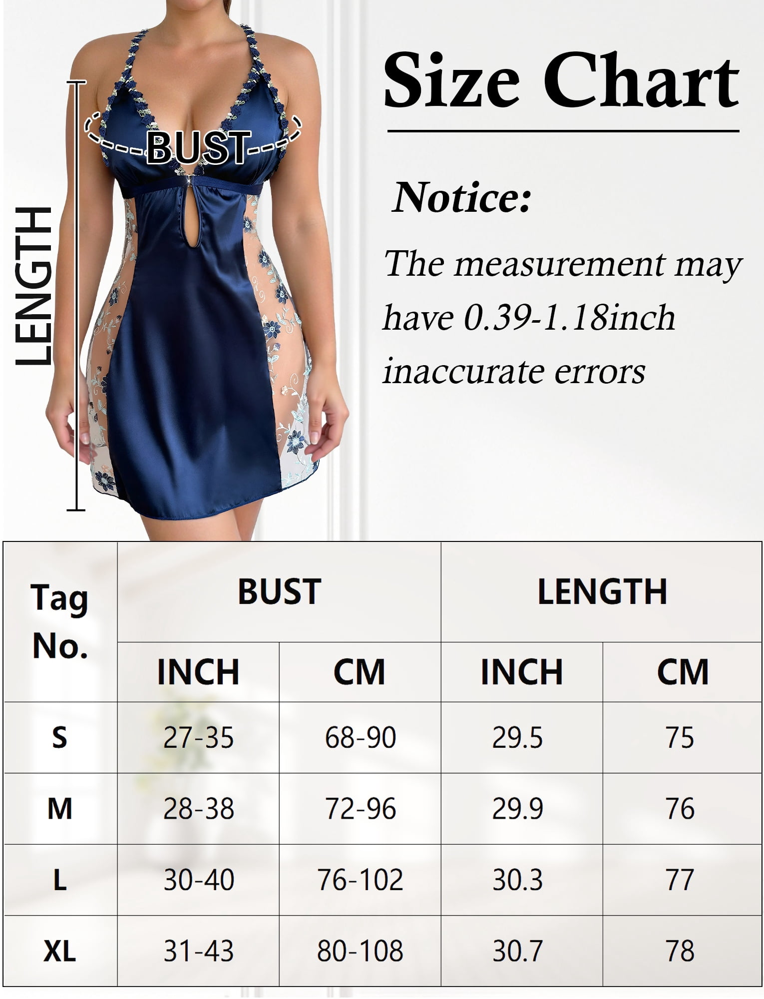 Ausing Women's Lace V-Neck Nightgown Satin Babydoll Sleepwear Floral Embroidery Cutout Night Dress Mesh Sheer Closure Front Lingerie Dress L Blue