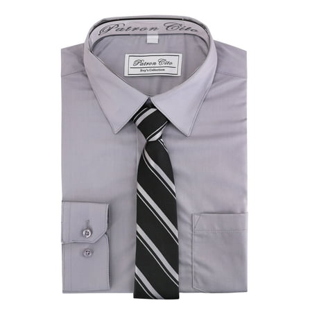 Boys Kids Cotton Blend Long Sleeve Button Up Solid Dress Shirt Set And Tie Set (Grey 4)