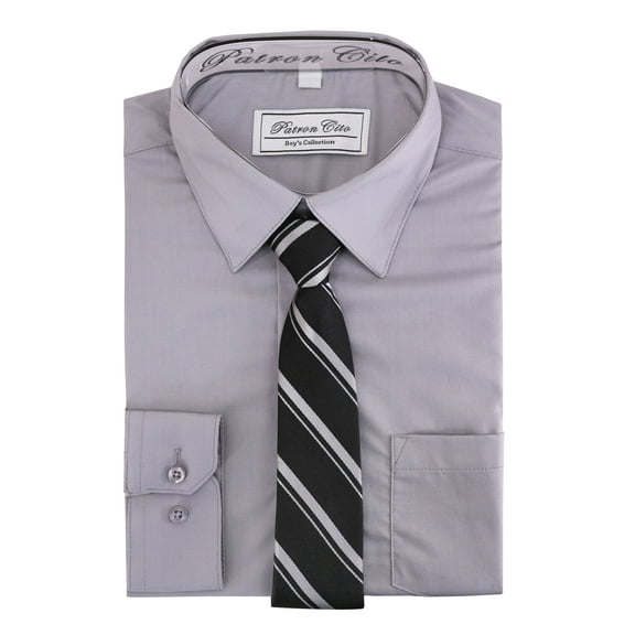 Boys Kids Cotton Blend Long Sleeve Button Up Solid Dress Shirt Set And Tie Set (Grey, 2)