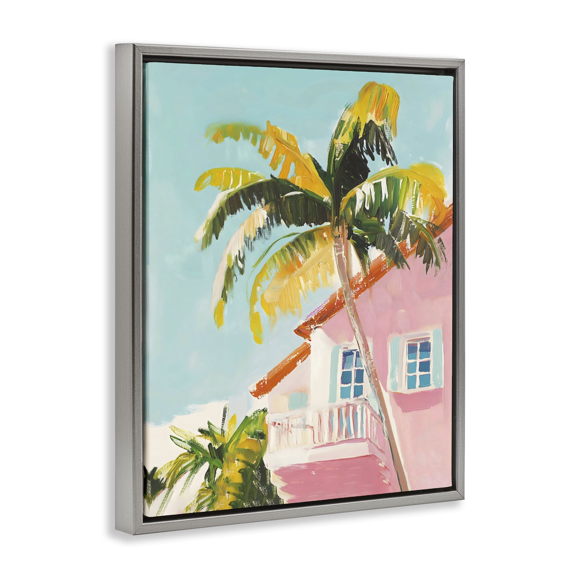 Stupell Industries Pink House Palm Tree Gray Framed Floater Canvas Wall Art, design by The Prints Vibe