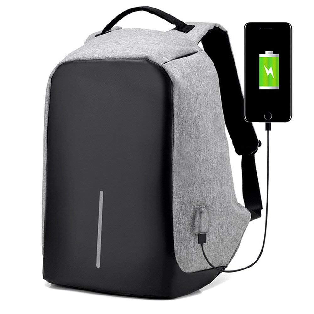 Gray Anti-Theft Laptop Backpack USB Charging Port Nylon Waterproof ...